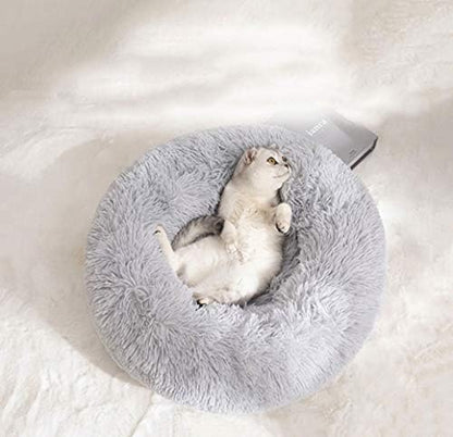 Modern Soft Plush Round Pet Bed for Cats or Small Dogs, Mini Medium Sized Dog Cat Bed Self Warming Autumn Winter Indoor Snooze Sleeping Cozy Kitty Teddy Kennel (20'' D x 8'' H, Light Grey) - Image 5