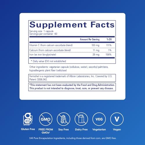 Pure Encapsulations OptiFerin-C 60 capsules side label showing nutritional facts and ingredients.