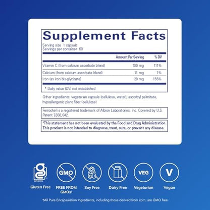 Pure Encapsulations OptiFerin-C 60 capsules side label showing nutritional facts and ingredients.