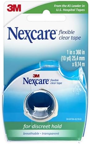 Nexcare waterproof transparent medical tape being used to secure wound gauze on a flexible joint area