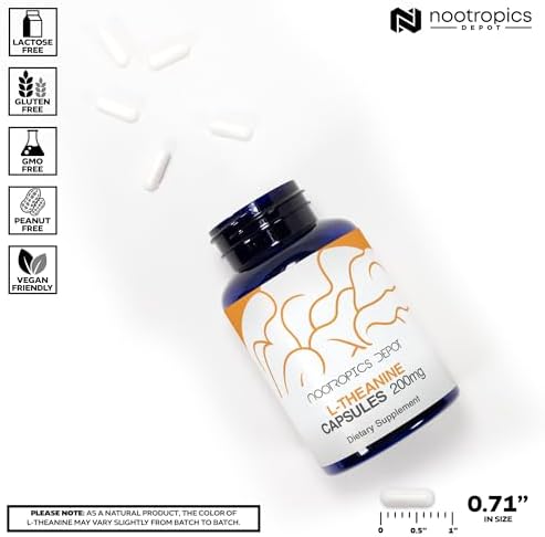 Close up of Nootropics Depot 200 milligram L-Theanine capsules and label details