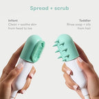 Frida Baby scalp massager attachment on the shower head being used to rinse toddler hair and soothe cradle cap.