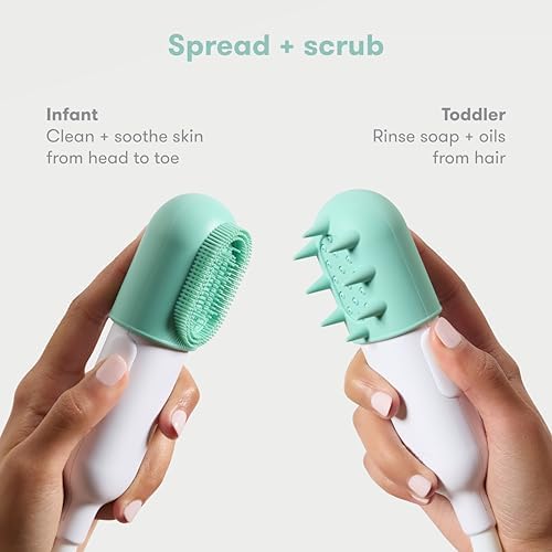 Frida Baby scalp massager attachment on the shower head being used to rinse toddler hair and soothe cradle cap.