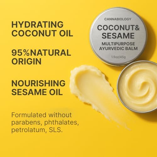 CANNABIOLOGY Ayurvedic skin balm silver tin packaging showing coconut and sesame oil ingredients