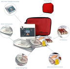 WNL Products AED training unit with red carrying case and reusable pads.