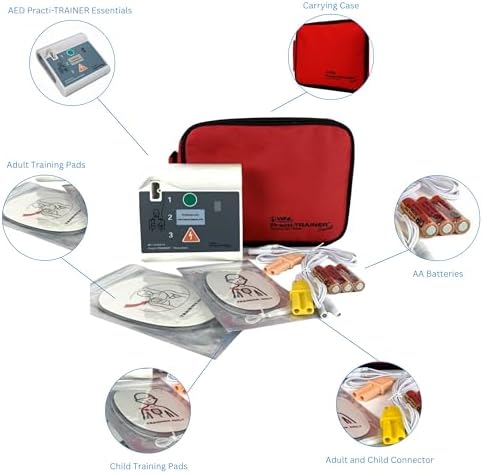 WNL Products AED training unit with red carrying case and reusable pads.