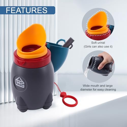 Close up view of the wide mouth funnel and silicone sealing plug of the compact children urinal pot