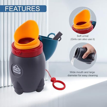 Close up view of the wide mouth funnel and silicone sealing plug of the compact children urinal pot