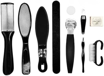 Complete Tarandus 10-in-1 pedicure set showing the sharp callus shaver and replacement elements.