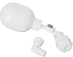 Tikatarer mini float valve front view showing white plastic ball and adjustable arm component