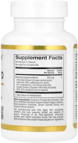 California Gold Nutrition Digestion Pro supplement bottle side view detailing the ProDigest artichoke and ginger extract ingredients.