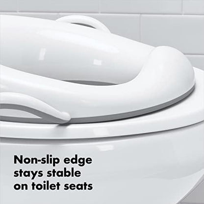 Top angle of gray OXO Tot potty training ring focusing on the easy to clean surfaces