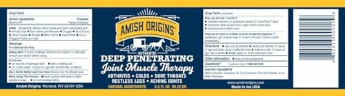 Amish Origins maximum strength all natural discomfort reliever packaging detailing active ingredients and directions for joint therapy.