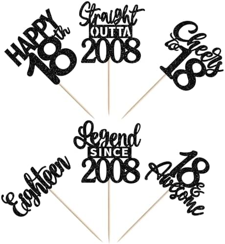 Assorted designs of black glitter anniversary cake decorations featuring celebratory turning eighteen phrases.