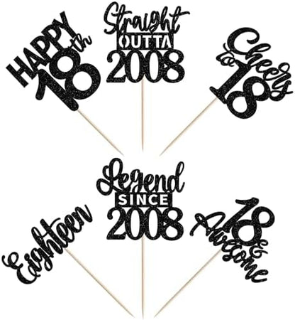 Assorted designs of black glitter anniversary cake decorations featuring celebratory turning eighteen phrases.