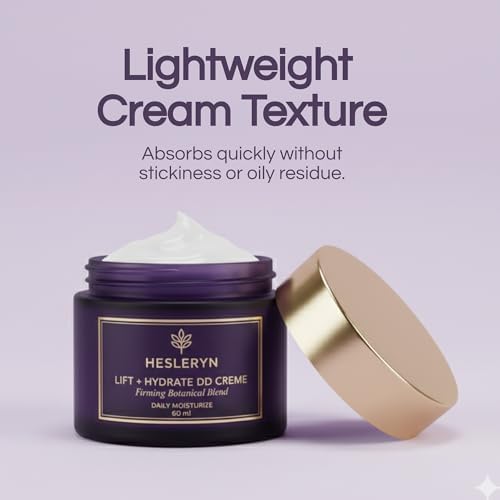 Open jar of Hesleryn Lift and Hydrate daily defense creme showcasing the rich white moisturizer texture