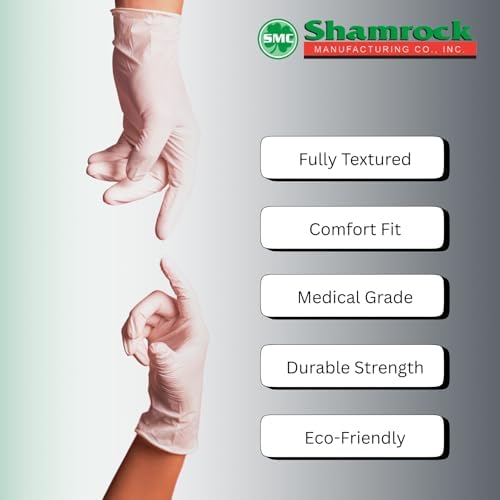 Packaging detail of Shamrock 5 mil thickness medical safety gloves.