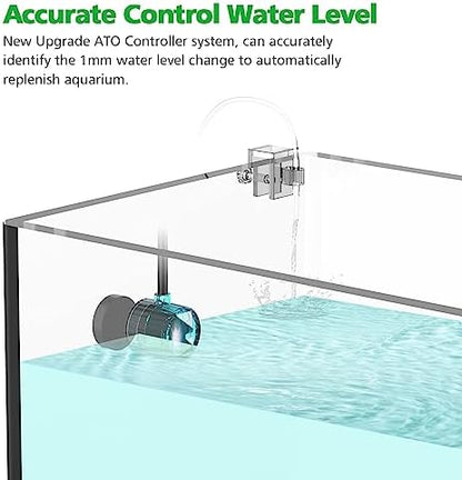 Saltwater safe automatic water controller installed on a rimless glass fish tank