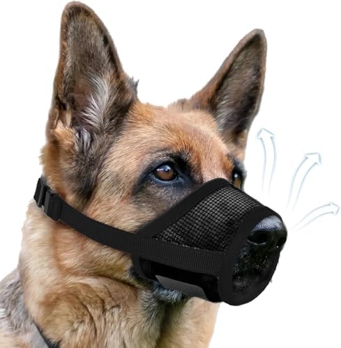 FDEETY adjustable fabric mouth guard for large dogs highlighting the secure neck strap and quick release buckle.