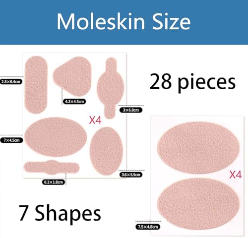 Seven different pre-cut shapes of pink moleskin tape for feet
