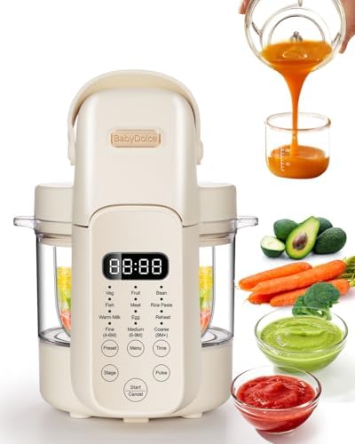 Baby Dolce baby food processor showing 12 ounce glass bowl filled with vegetable puree