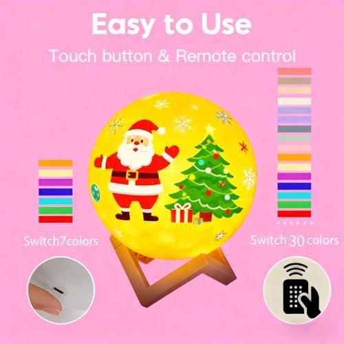HOLA 3D moon lamp night light displaying various color changing options and the wireless remote control.