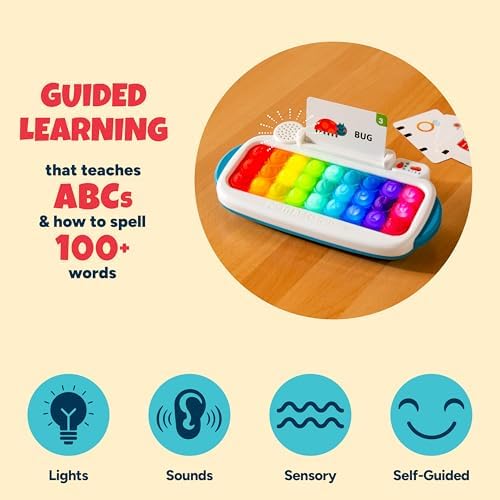 Chuckle and Roar sensory spelling toy showcasing the built-in storage compartment filled with double-sided cards.