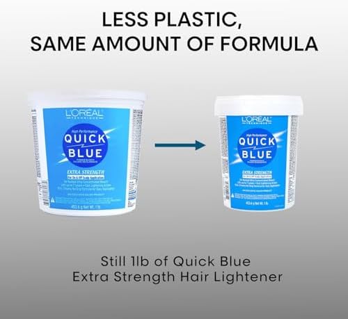 L'Oreal Technique Quick Blue bleaching powder tub showcasing dust-free formula benefit