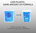 L'Oreal Technique Quick Blue bleaching powder tub showcasing dust-free formula benefit