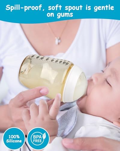Joyfeed premium silicone nipples being fitted onto a clear plastic infant feeding bottle ring.