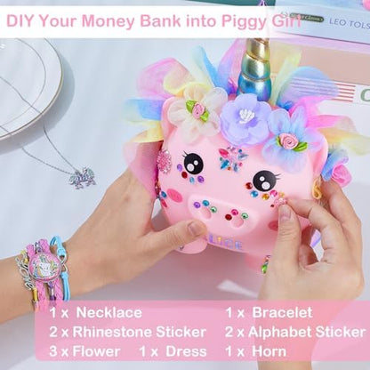 Play Tailor kids money box showing the top coin slot and customizable horn stickers.