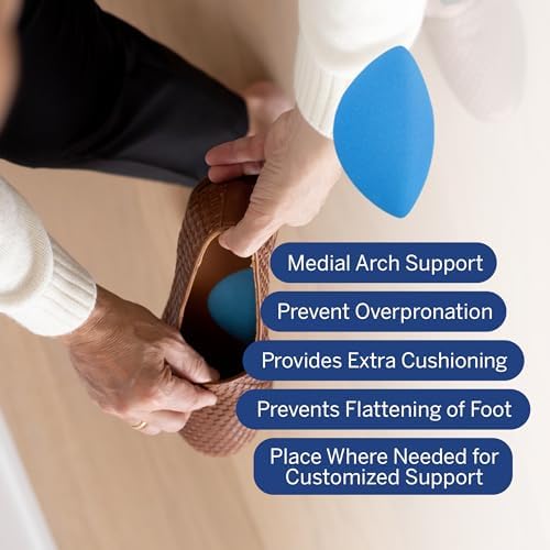 Self-adhesive backing on Powerstep arch supports for flat feet correction.