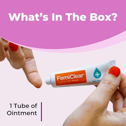 Close up of FemiClear homeopathic feminine care tube for vulvar irritation.
