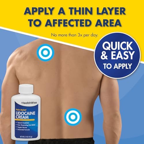 Side view of HealthWise 4 percent lidocaine pain relief cream tube highlighting long lasting relief.