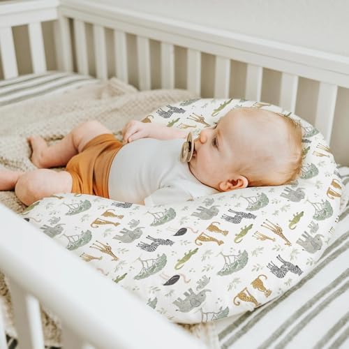 Top down view of safari themed nursery pillow slipcover