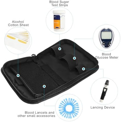 GENCAM blood glucose monitor carrying bag open layout displaying internal mesh pocket compartments