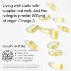 Side view of VEGEPOWER vegan omega 3 algae DHA bottle detailing non GMO verified labels