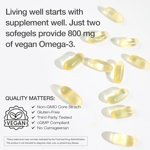 Side view of VEGEPOWER vegan omega 3 algae DHA bottle detailing non GMO verified labels