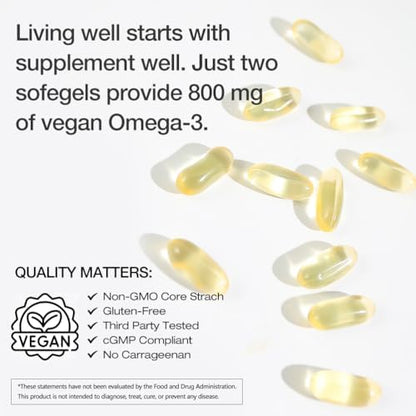 Side view of VEGEPOWER vegan omega 3 algae DHA bottle detailing non GMO verified labels