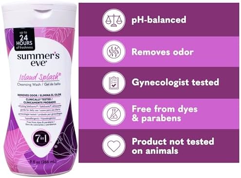 Summer's Eve Island Splash pH balanced feminine wash for sensitive skin care.