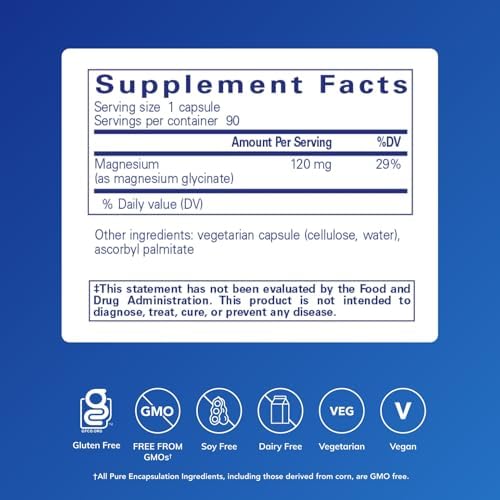 Pure Encapsulations Magnesium Glycinate supplement panel showcasing 120 milligrams nutritional facts