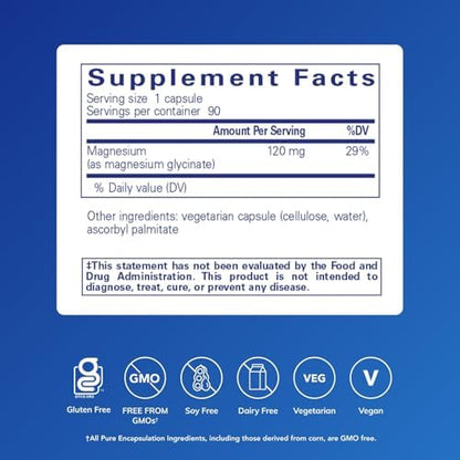 Pure Encapsulations Magnesium Glycinate supplement panel showcasing 120 milligrams nutritional facts