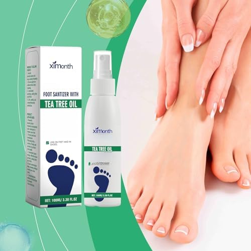 Ximonth antimicrobial foot sanitizer spray being applied directly to clean feet