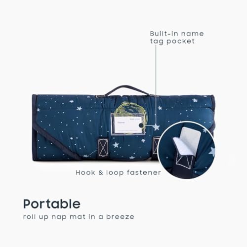 Wake In Cloud galaxy theme nap mat spread open showing the attached blanket and removable pillow.