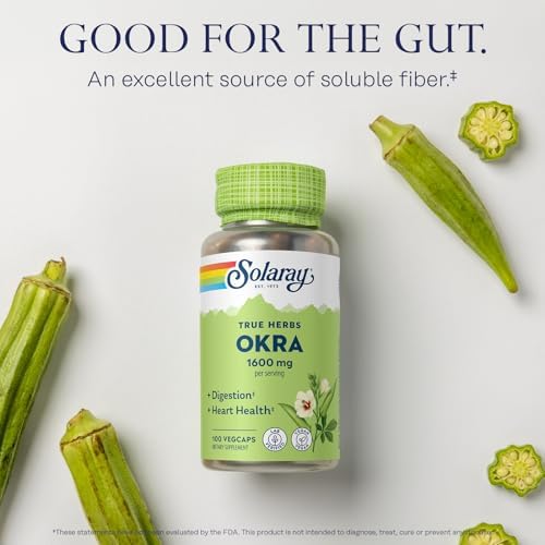 Side angle of Solaray Okra supplement bottle detailing the soluble fiber ingredient facts.
