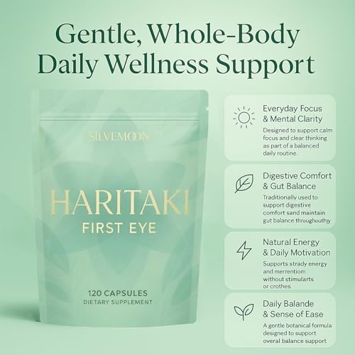 Close up of organic Haritaki capsules for gut health