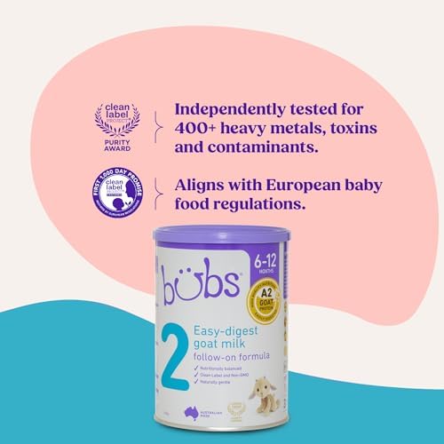 Bubs easy digest goat milk formula package back panel with ingredients list