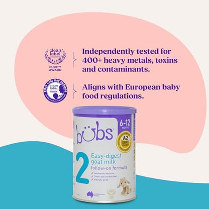 Bubs easy digest goat milk formula package back panel with ingredients list
