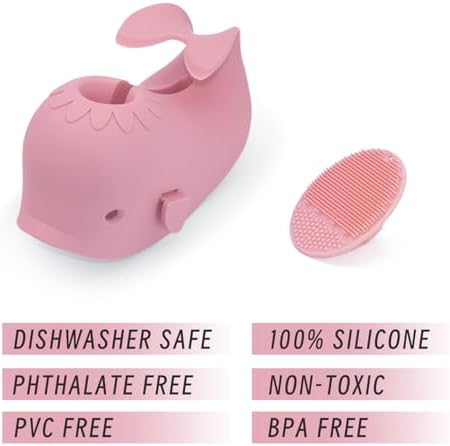 Pink whale water spout guard with the included white cleaning brush