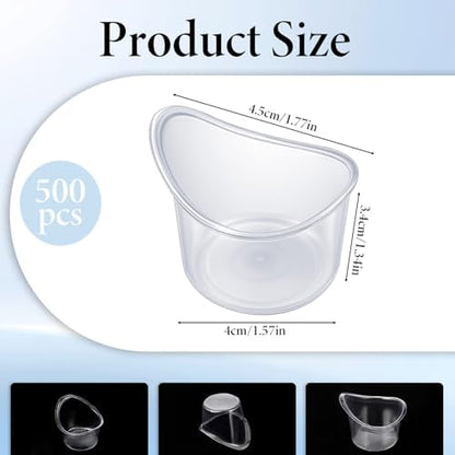 Close up of 5ml plastic eye bath kit with measuring marks for precise solution usage.